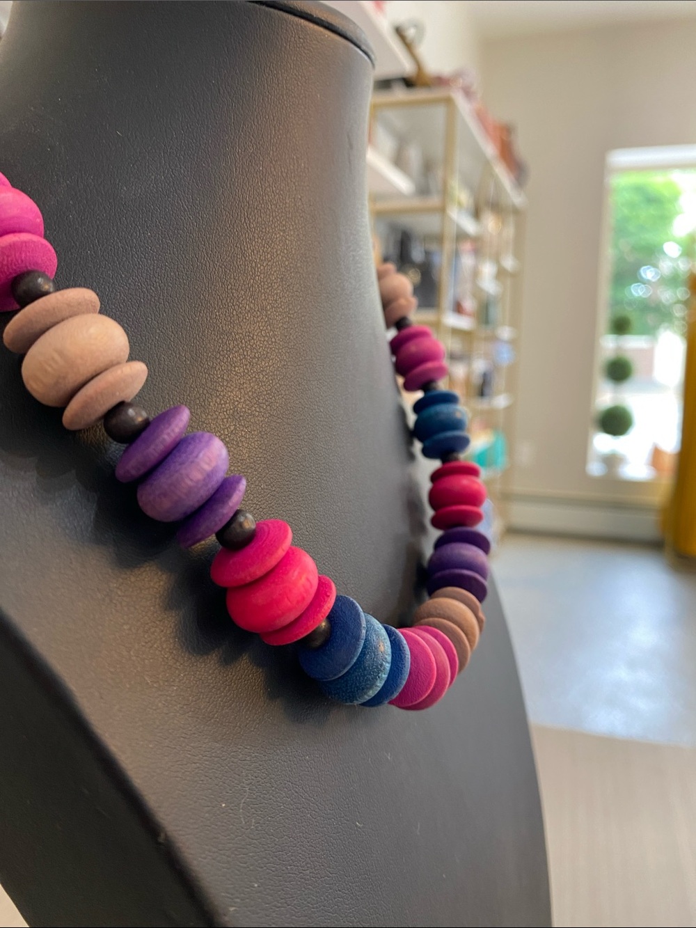 Multicolor Beaded Statement Necklace - Pink, Blue, Purple, Tan - Picture 3 of 4